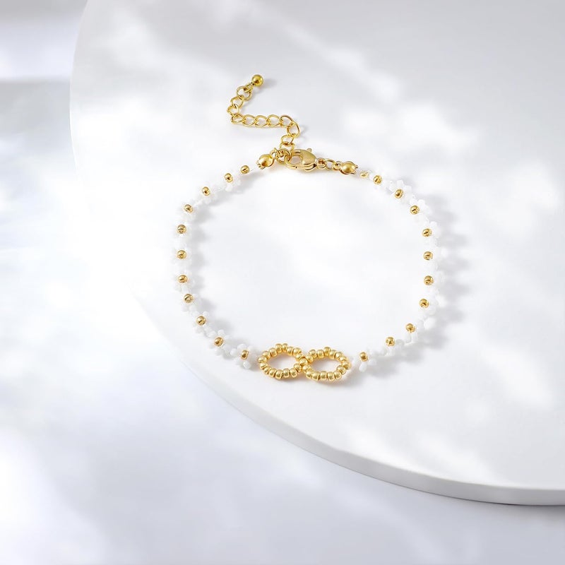Pymach Store Dainty Gold Plated Pearl Crystal Beaded Bracelets Set for Women 14K Gold Plated Bead Pearl Beads Bracelet Stackable Paperclip Link Chain Bracelets Gold Plated Bracelets for Women Trendy Jewelry - Image 5